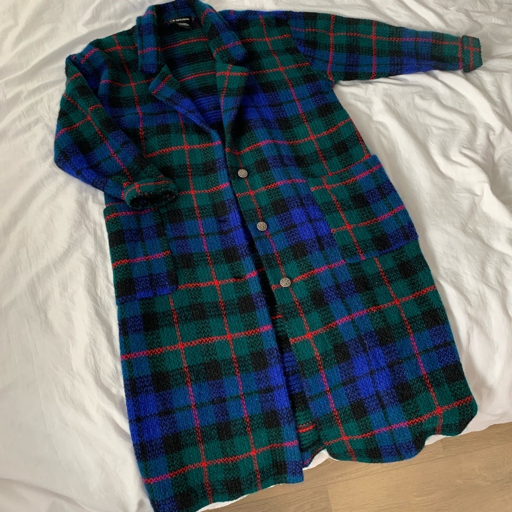Vintage Wool Blend Long Plaid Coat